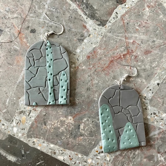 Handmade Clay Earrings | Large Arch | Cactus and Stone Wall | Hook Backs - Picture 2 of 5